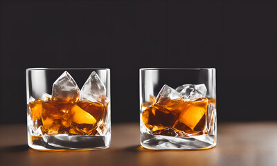 Whiskey glasses filled with ice and alcohol on a dark background with negative copy space