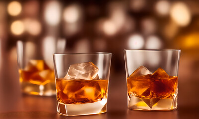 Whiskey glasses filled with ice and alcohol on a dark background with negative copy space