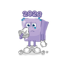 new year cry with a tissue. cartoon mascot vector