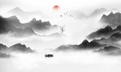 Chinese Style Ink Artistic Conception Landscape Painting - obrazy, fototapety, plakaty
