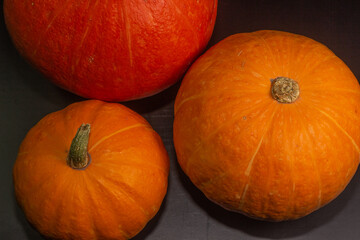 Yellow-orange pumpkins on a black background the concept of Halloween and the autumn harvest of pumpkin close-up copyspace from above