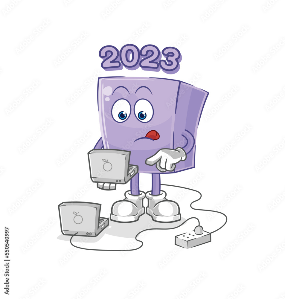 Poster new year with laptop mascot. cartoon vector