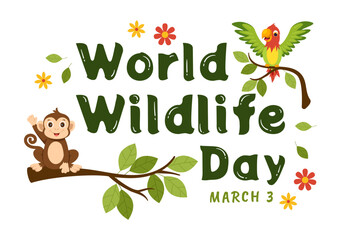 Obraz na płótnie Canvas World Wildlife Day on March 3rd to Raise Animal Awareness, Plant and Preserve Their Habitat in Forest in Flat Cartoon Hand Drawn Template Illustration