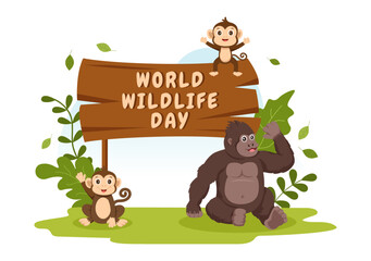World Wildlife Day on March 3rd to Raise Animal Awareness, Plant and Preserve Their Habitat in Forest in Flat Cartoon Hand Drawn Template Illustration
