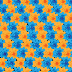 Aesthetic contemporary seamless pattern with blue and yellow flowers. Modern floral print for textile, fabric, wallpaper, wrapping, gift wrap, paper, scrapbook and packaging