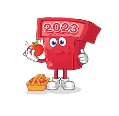 new year 2023 eating an apple illustration. character vector