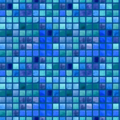 Watercolor blue green square mosaic seamless pattern. Illustration on blue background. For fabric, sketchbook, wallpaper, wrapping paper.