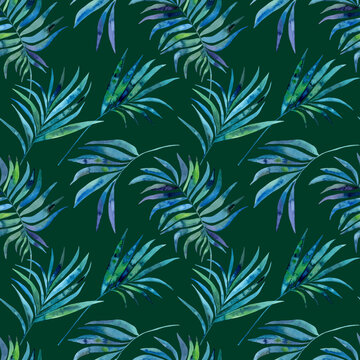 Watercolour blue green tropical palm leaves illustration seamless pattern. On green background. Hand-painted. Floral elements, jungle leaves. © Nataliia