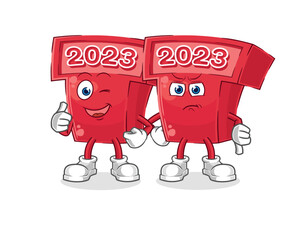 new year 2023 thumbs up and thumbs down. cartoon mascot vector