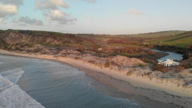 Snelling Beach in Kangaroo Island at sunset. Waves on the beach, aerial view