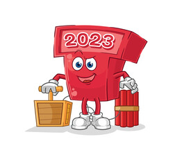 new year 2023 holding dynamite detonator. cartoon mascot vector