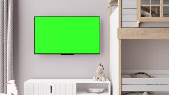 LED TV with blank green screen, on the wall in children's room. TV video mock up with Chroma Key. Copy space for advertising, movie, app. Empty television screen. Modern kids room interior. 3D render.