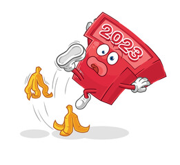 new year 2023 slipped on banana. cartoon mascot vector