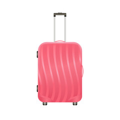 Realistic plastic suitcase. Red travel bag isolated on white background
