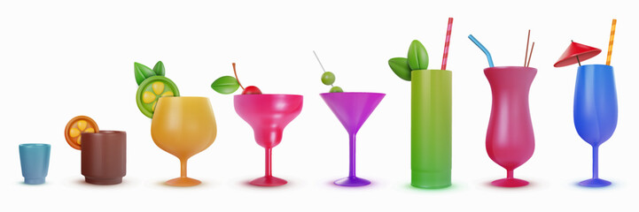 Set 3d realistic cocktail drinks for juice or alcohol. Collection vector object in modern minimal cartoon glossy style. Sweet colorful illustration elements isolated on white background.