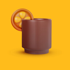 3d realistic cocktail drink for juice or alcohol with orange fruit slice. Vector object in modern minimal cartoon glossy style. Sweet colorful illustration isolated on clear background.