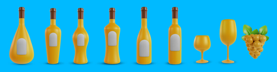 Set 3d realistic bottles for wine, or alcohol various shape with wineglass and grape in cartoon minimal style. Collection modern design art elements isolated on color background. Vector illustration.