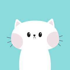 Cute cat. White kitten icon. Funny happy face. Kawaii cartoon character. Pink cheek. Baby greeting card tshirt notebook cover template. Happy Valentines Day. Flat design. Blue background. Isolated.