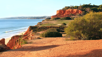 View of sandstone cliffs and the Alfamar beach at the Algarve coast line, Potugal.