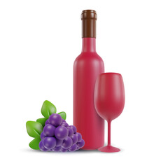 3d realistic composition with bottle, wine glass and grape. Vector object in modern minimal cartoon glossy style. Sweet colorful illustration isolated on white background.