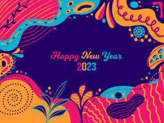 Fototapeta na wymiar Happy New Year 2023 Background. January 1 celebration poster. Memphis style floral pink, orange and navy blue abstract design. Horizontal banner vector illustration. Doodle pattern concept graphic art