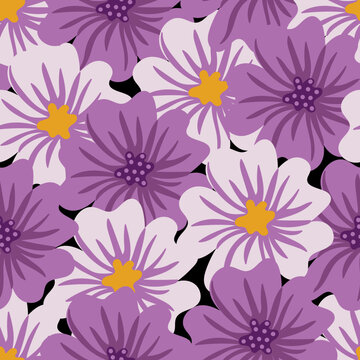Aesthetic contemporary seamless pattern with purple flowers. Modern floral print for textile, fabric, wallpaper, wrapping, gift wrap, paper, scrapbook and packaging