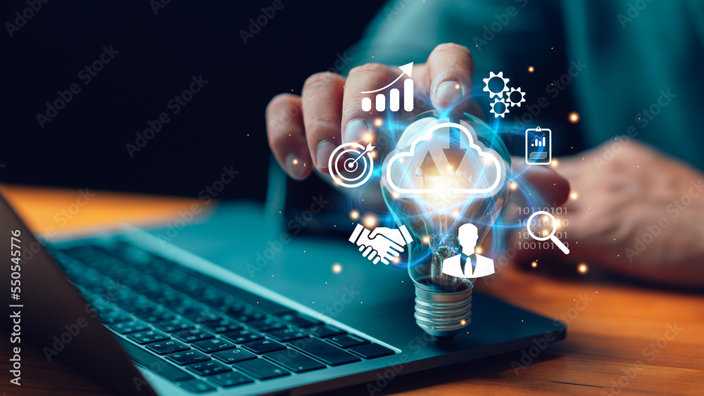 Poster hand touching on light bulb global internet connection. business global internet connection applicat
