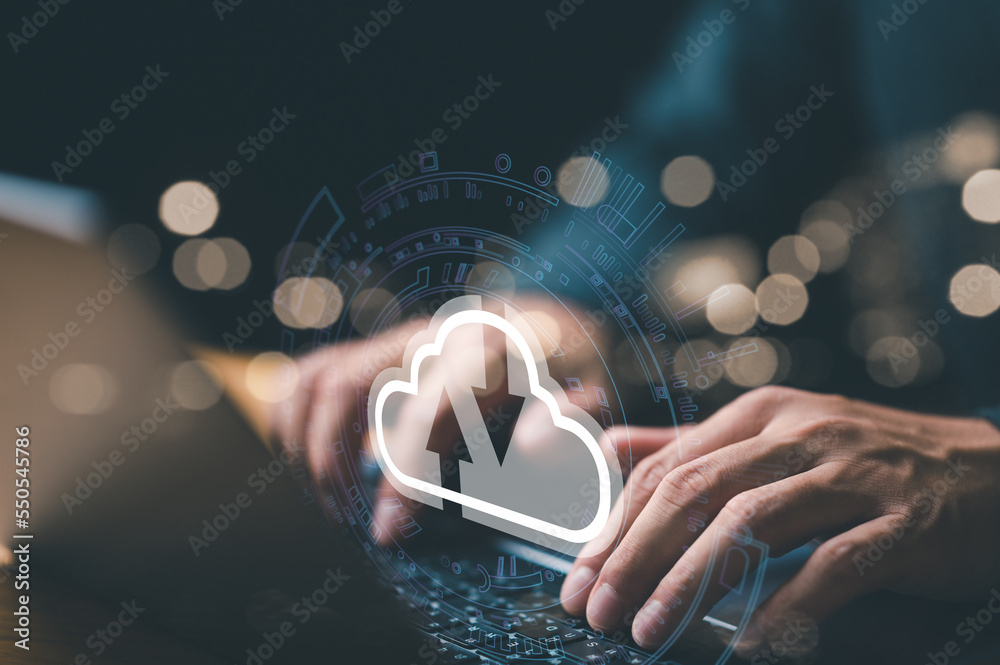 Aufkleber man use Laptop with cloud computing diagram show on hand. Cloud technology. Data storage. Networking and internet service concept.