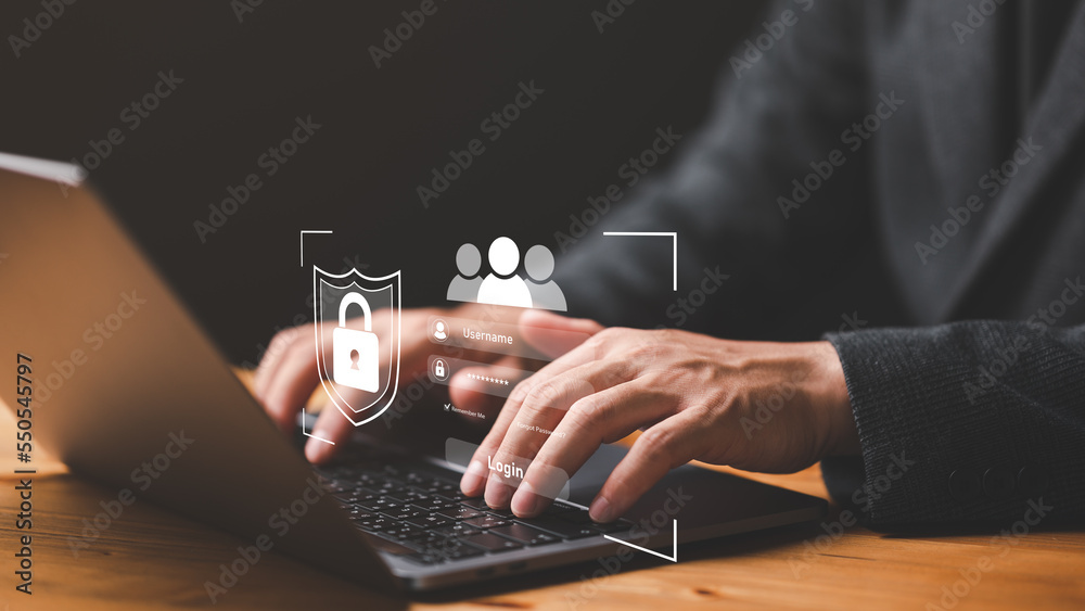 Poster User authentication system login with username, password, cybersecurity concept, information security and encryption, secure Internet access, technology and cybernetics. computer security system.