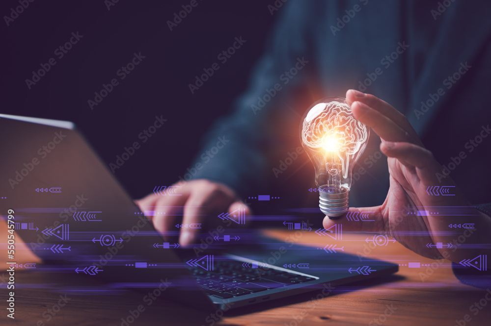 Poster new idea innovation concept, man holding light bulbs with brain inside and digital connection line o