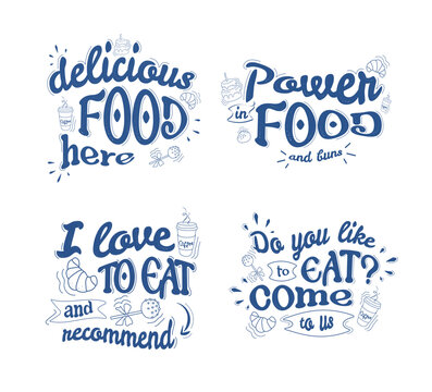 a set with inscriptions to decorate a cafe, restaurant, canteen here is delicious food. Lettering advertising on a banner, poster with a white background in blue letters.