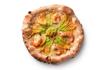 Deliziosa pizza gourmet bianca con mozzarella, fiori di zucca e gamberi, isolata su fondo bianco