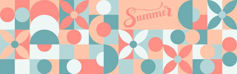 Floral seamless background for textiles or wallpapers, pastel shades of geometric shapes. The word summer is lettering, children's fashion patterns in pink and blue tones for a magazine cover.