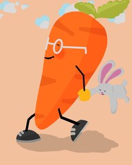 Cute carrot walking with it's bunny toy hand drawn illustration of an artist