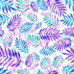 Naklejka na ściany i meble Watercolor seamless pattern with colorful abstract tropical leaves. Bright summer print with exotic plants. Creative trendy botanical textile design. 