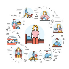 Everyday routine web banner. Infographics with linear icons