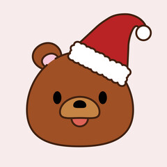 Vector cute brown bear in red Santa hat isolated