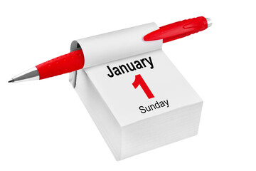 Calendar 2023  January 1  Sunday and red pencil isolated on transparent background
