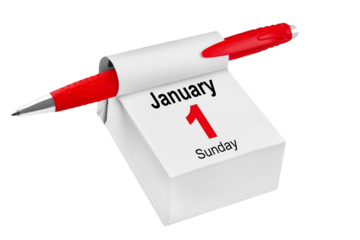 Calendar 2023  January 1  Sunday and red pencil isolated on transparent background