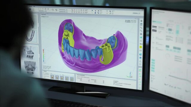 Program Used By Dental Technician To Make Prosthetic Restoration For Teeth. Dentistry Program. Prosthetic Teeth On Computer Display. Program Designing Prosthetic Teeth For Treatment. Hi Tech