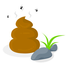 Smelly poop vector illustration with green grass and rocks. Isolated on a white background. Pile of yellow human feces.