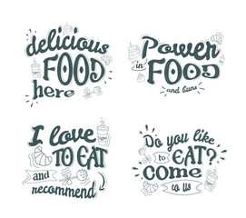 a set with inscriptions to decorate a cafe, restaurant, canteen here is delicious food. Lettering advertising on a banner, poster with a white background in dark letters.
