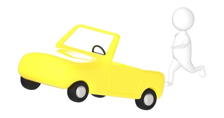 3d character , man following a crazy running car without a driver