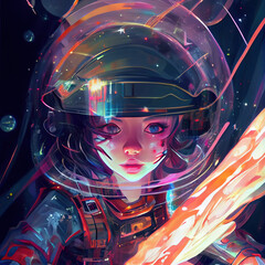 Astronaut girl with neon light rays. modern digital art illustration.