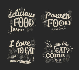 a set with inscriptions to decorate a cafe, restaurant, canteen here is delicious food. Lettering advertising on a banner, poster with a dark background in light letters.