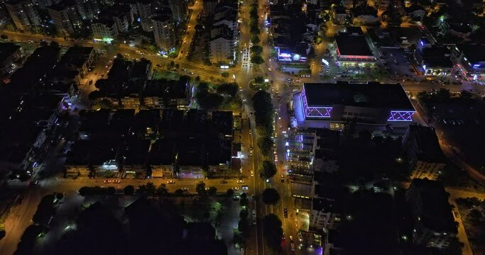 Antalya Turkey Aerial v63 birds eye view flyover tekelioglu street connecting barinaklar boulevard across &ccedil;ağlayan neighborhood capturing downtown night cityscape - Shot with Mavic 3 Cine - July 2022