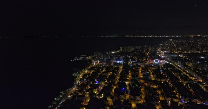 Antalya Turkey Aerial v61 cinematic flyover &ccedil;ağlayan towards fener capturing street lights and illuminated cityscape of coastal residential neighborhood at night - Shot with Mavic 3 Cine - July 2022