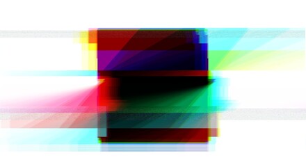 Multicolored glitched square geometric shape with noise, scanlines and screensclices on white background in corrupted graphics style.