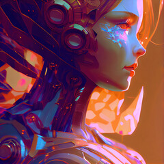 Detailed female super robot with bright neon light rays on black background. modern digital art illustration.