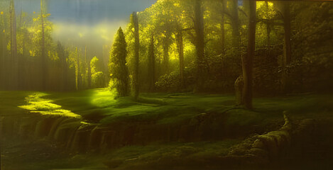 Obraz premium Dreamy landscape with sunset over castle ruins by a forest lake. Amazing 3D landscape. Digital illustration. CG Artwork Background